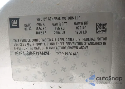 2014 Chevrolet Cruze Ls Auto z USA, uszkodzony, nr VIN 1G1PA5SH5E7174424